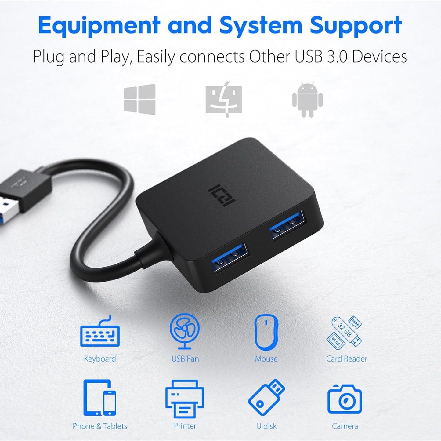 USB 3.0 Hub, 4 Ports USB Splitter Multiple Extender for Laptop, PC, Macbook, Mac Mini, Imac, Surface Pro, Mobile HDD